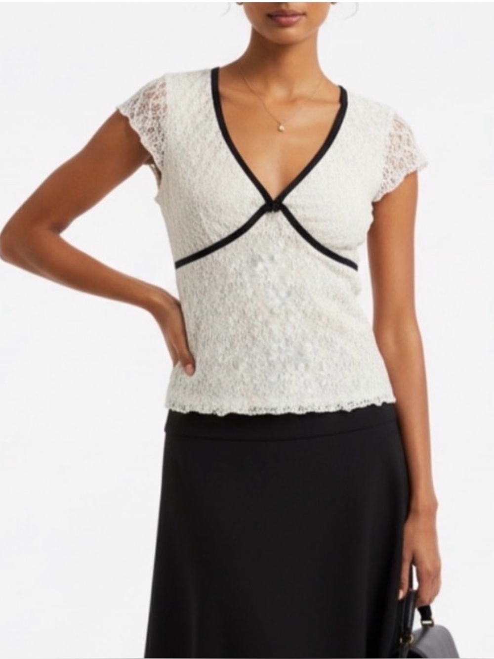 Cream Lace Contrast Trim Top S Coquette Romantic Parisian Chic work wear v-neck